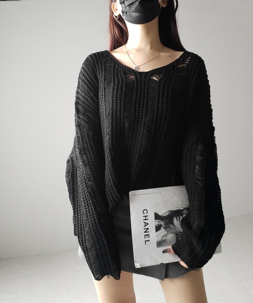 me+em select(ミームセレクト)の「※※【 3color 】Vネック透かし編みダメージルーズニット(ニット/セーター・レディース・ホワイト/ブラック/グレー・FREE)」の13枚目の写真