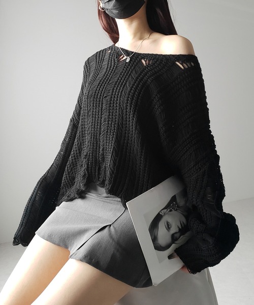 me+em select(ミームセレクト)の「※※【 3color 】Vネック透かし編みダメージルーズニット(ニット/セーター・レディース・ホワイト/ブラック/グレー・FREE)」の14枚目の写真