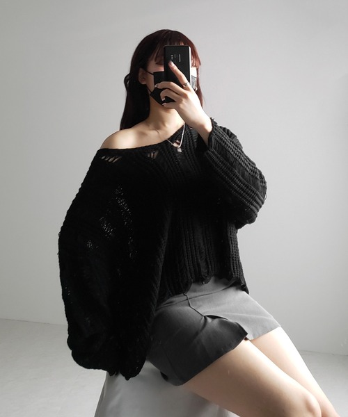me+em select(ミームセレクト)の「※※【 3color 】Vネック透かし編みダメージルーズニット(ニット/セーター・レディース・ホワイト/ブラック/グレー・FREE)」の15枚目の写真