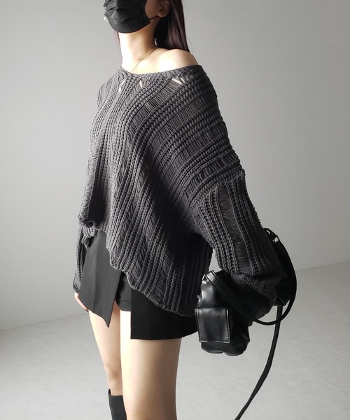 me+em select(ミームセレクト)の「※※【 3color 】Vネック透かし編みダメージルーズニット(ニット/セーター・レディース・ホワイト/ブラック/グレー・FREE)」の18枚目の写真
