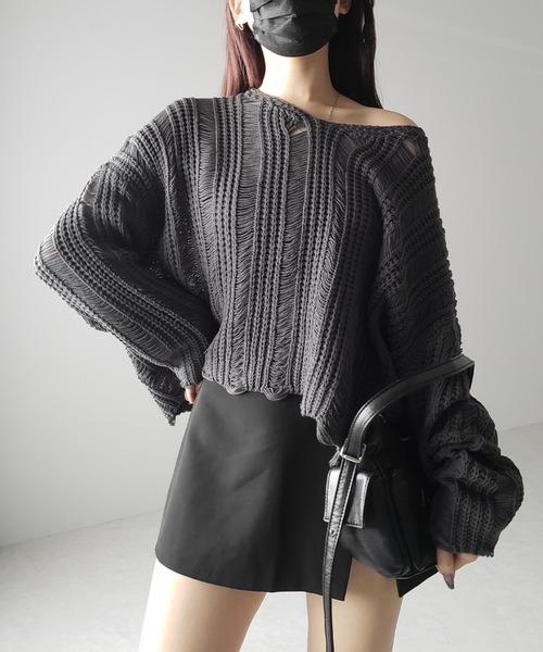 me+em select(ミームセレクト)の「※※【 3color 】Vネック透かし編みダメージルーズニット(ニット/セーター・レディース・ホワイト/ブラック/グレー・FREE)」の19枚目の写真