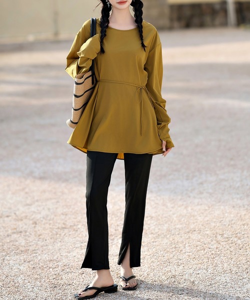 TeddyShop（テディショップ）の「【UVカット率 99%以上】レディース水着 長袖ラッシュガード+スリットロングパンツ 2点セット（ラッシュガード・レディース・ブラック/マスタード/ブルー/ブラウン/クリーム/ベージュ・M/L）」の6枚目の写真