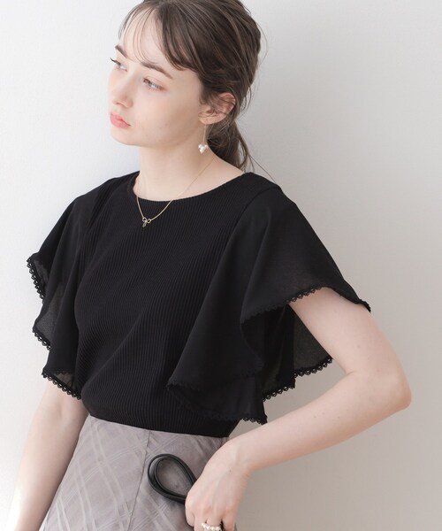 couture brooch(クチュールブローチ)の「◆【洗える・二の腕カバー】ピコレースフレア袖テレコ(Tシャツ/カットソー・レディース・オフホワイト/ブラック/グレー・36/38/40/42)」の2枚目の写真