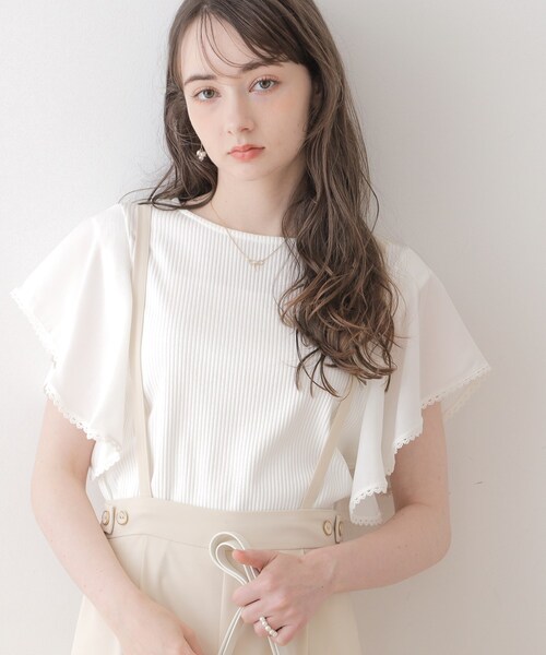 couture brooch(クチュールブローチ)の「◆【洗える・二の腕カバー】ピコレースフレア袖テレコ(Tシャツ/カットソー・レディース・オフホワイト/ブラック/グレー・36/38/40/42)」の7枚目の写真