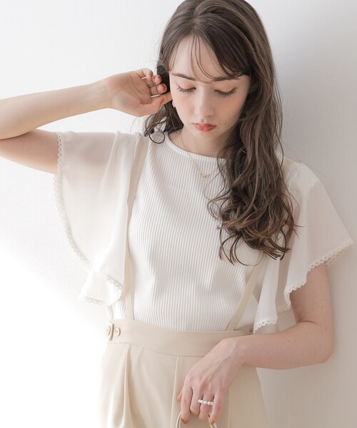 couture brooch(クチュールブローチ)の「◆【洗える・二の腕カバー】ピコレースフレア袖テレコ(Tシャツ/カットソー・レディース・オフホワイト/ブラック/グレー・36/38/40/42)」の8枚目の写真