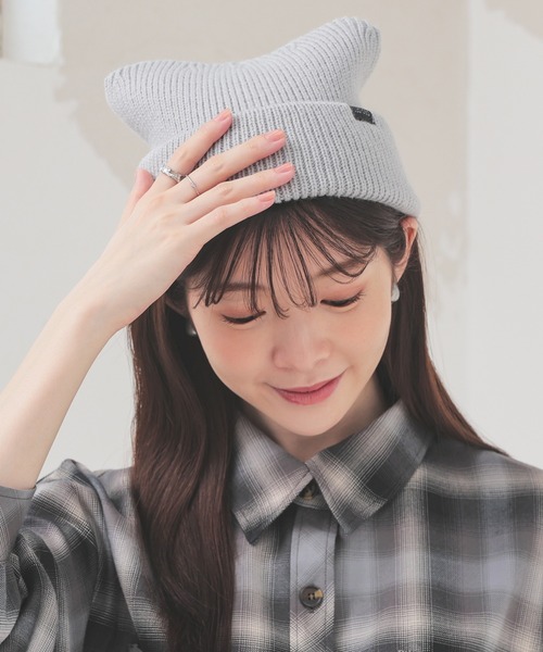 Honeys（ハニーズ）の「ネコ耳ニット帽（ニットキャップ/ビーニー・レディース・ホワイト/ピンク/ライトグレー/ブラック/ブラック×ホワイト/サックスブルー/スミクロ・FREE）」の6枚目の写真