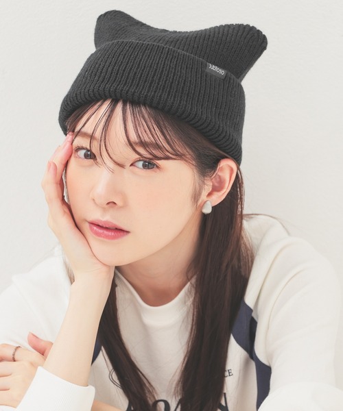 Honeys（ハニーズ）の「ネコ耳ニット帽（ニットキャップ/ビーニー・レディース・ホワイト/ピンク/ライトグレー/ブラック/ブラック×ホワイト/サックスブルー/スミクロ・FREE）」の3枚目の写真