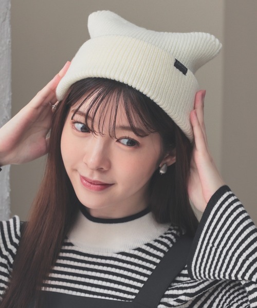 Honeys（ハニーズ）の「ネコ耳ニット帽（ニットキャップ/ビーニー・レディース・ホワイト/ピンク/ライトグレー/ブラック/ブラック×ホワイト/サックスブルー/スミクロ・FREE）」の9枚目の写真