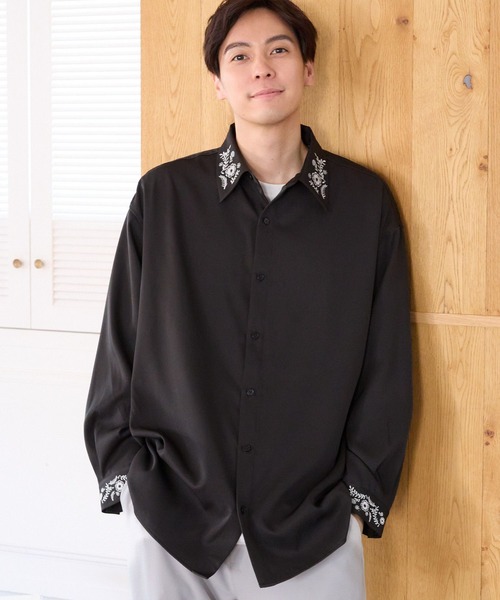 Haat 刺繍入り長袖シャツ 黒 刺繍入りブラック長袖シャツ - メルカリ
