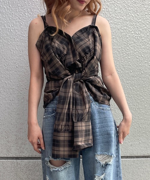ROGER AND RAW（ロジャーアンドロウ）の「2wayチェック柄ショートシャツ（シャツ/ブラウス・レディース・ブラック/グリーン/ブラウン・FREE）」の10枚目の写真