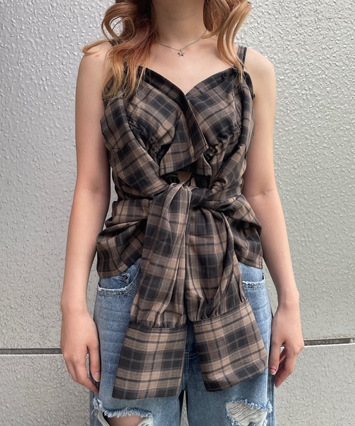 ROGER AND RAW（ロジャーアンドロウ）の「2wayチェック柄ショートシャツ（シャツ/ブラウス・レディース・ブラック/グリーン/ブラウン・FREE）」の11枚目の写真
