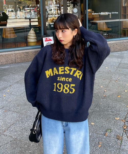 Chillfar（チルファー）の「ジャガードロゴカラールーズニット（ニット/セーター・レディース・ネイビー/オレンジ/グリーン/ピンク/グレー・FREE）」の4枚目の写真