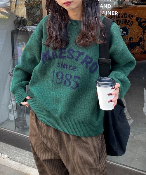 Chillfar（チルファー）の「ジャガードロゴカラールーズニット（ニット/セーター・レディース・ネイビー/オレンジ/グリーン/ピンク/グレー・FREE）」の3枚目の写真