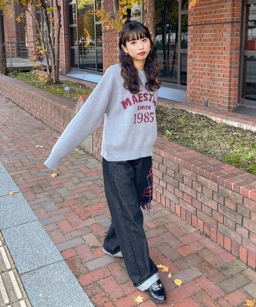 ニット セーター ジャガードロゴカラールーズニット レディース セール】ジャガードロゴカラールーズニット（ニット/セーター