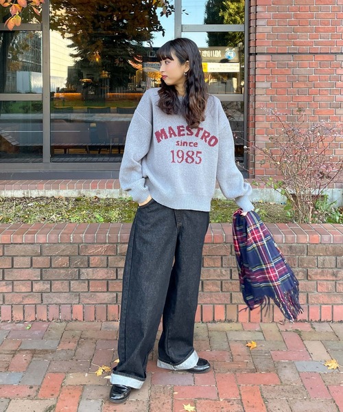 ニット セーター ジャガードロゴカラールーズニット レディース セール】ジャガードロゴカラールーズニット（ニット/セーター