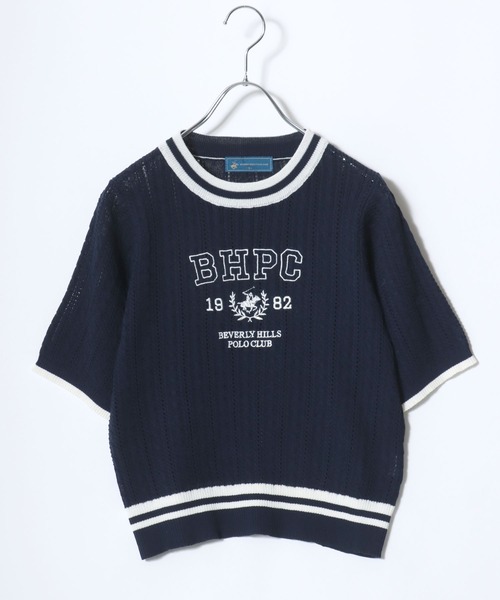 BEVERLY HILLS POLO CLUB(ビバリーヒルズポロクラブ)の「BEVERLY HILLS POLO CLUB ワンポイント無地・カレッジロゴ刺繍 サマーニットプルオーバートップス/半袖(ニット/セーター・レディース・サックスブルー/ネイビー/グリーン系その他/ホワイト系その他/オフホワイト/ネイビー系2・M)」の6枚目の写真
