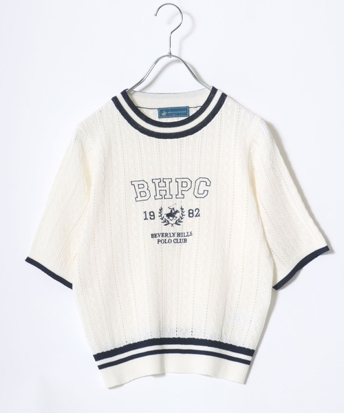 BEVERLY HILLS POLO CLUB(ビバリーヒルズポロクラブ)の「BEVERLY HILLS POLO CLUB ワンポイント無地・カレッジロゴ刺繍 サマーニットプルオーバートップス/半袖(ニット/セーター・レディース・サックスブルー/ネイビー/グリーン系その他/ホワイト系その他/オフホワイト/ネイビー系2・M)」の1枚目の写真