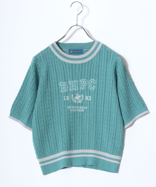 BEVERLY HILLS POLO CLUB(ビバリーヒルズポロクラブ)の「BEVERLY HILLS POLO CLUB ワンポイント無地・カレッジロゴ刺繍 サマーニットプルオーバートップス/半袖(ニット/セーター・レディース・サックスブルー/ネイビー/グリーン系その他/ホワイト系その他/オフホワイト/ネイビー系2・M)」の3枚目の写真