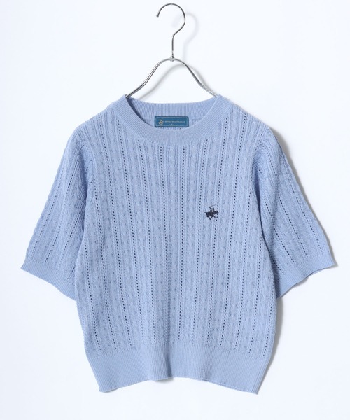 BEVERLY HILLS POLO CLUB(ビバリーヒルズポロクラブ)の「BEVERLY HILLS POLO CLUB ワンポイント無地・カレッジロゴ刺繍 サマーニットプルオーバートップス/半袖(ニット/セーター・レディース・サックスブルー/ネイビー/グリーン系その他/ホワイト系その他/オフホワイト/ネイビー系2・M)」の5枚目の写真