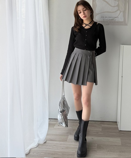 mily bilet（ミウィビレット）の「【mily bilet】大人の可愛さを演出。ダブルリボンプリーツ使いスカパン（スカート・レディース・ブラック/グレー・MEDIUM/X-LARGE/LARGE/SMALL）」の8枚目の写真