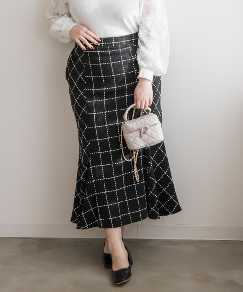 CLETTE(クレット)の「ステッチチェック柄マーメイドスカート(スカート・レディース・ブラック/アイボリー・3L/LL/4L)」の2枚目の写真
