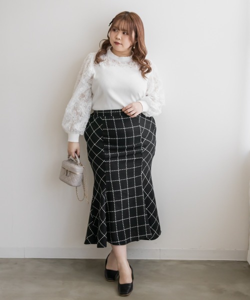 CLETTE(クレット)の「ステッチチェック柄マーメイドスカート(スカート・レディース・ブラック/アイボリー・3L/LL/4L)」の12枚目の写真