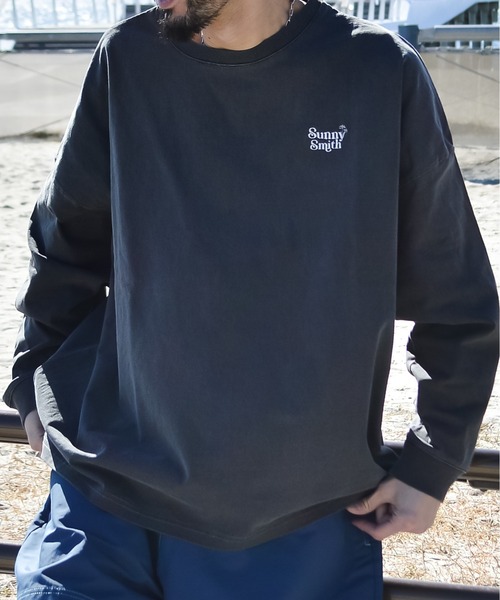 tシャツ 「SUNNY SMITH」ヤシの木ロゴ ワンポイント刺繍ピグメント加工ロングスリーブTシャツ レディース メンズ Sunny Smith tシャツ 「SUNNY SMITH」ヤシの木ロゴ ワンポイント
