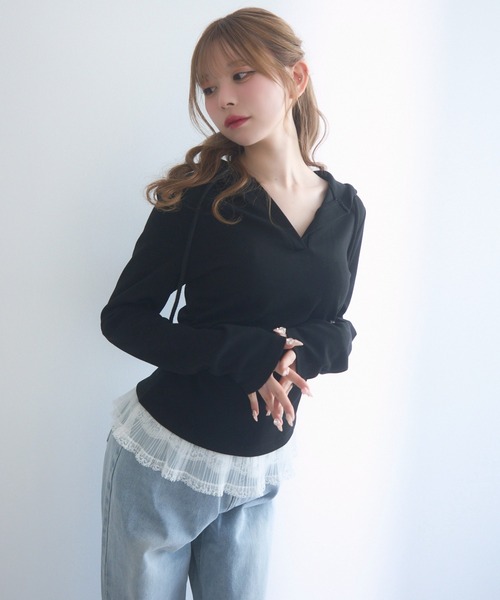 TITTY&CO.（ティティーアンドコー）の「レーストリムパーカー（パーカー・レディース・グレー/ブラック/ホワイト・FREE）」の2枚目の写真