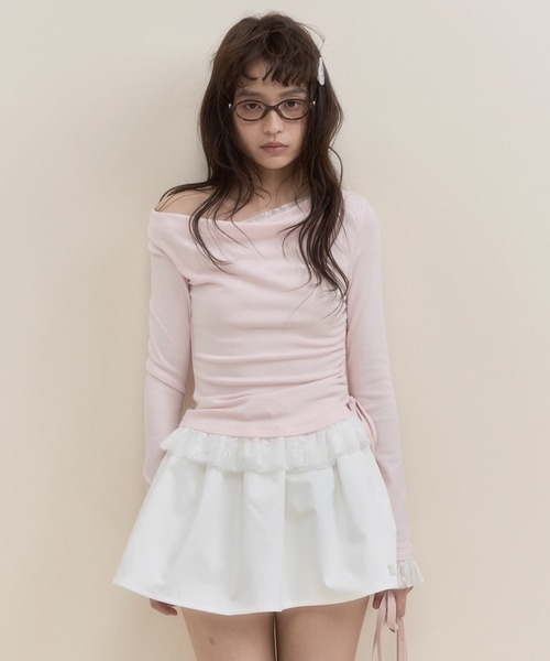SunsetPark(サンセットパーク)の「レースドッキング アシンメトリートップス SP25s034【SunsetPark】【2025SS】(Tシャツ/カットソー・レディース・ライトピンク/グレー・S/M/L)」の2枚目の写真
