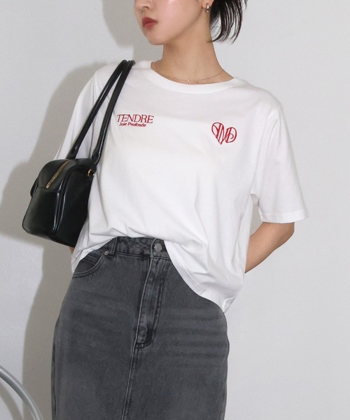 Freesia by andme（フリージアバイアンドミー）の「ロゴ刺繍ショート丈半袖Tシャツ（Tシャツ/カットソー・レディース・スミクロ/オフホワイト/ピンク・M）」の21枚目の写真