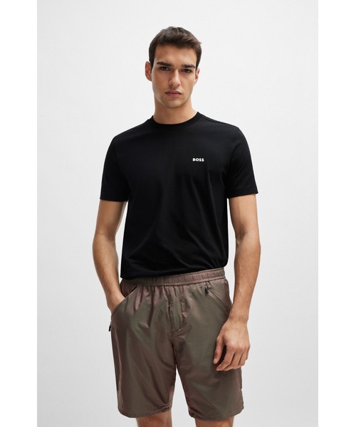 HUGO ストレッチコットン Tシャツ スタックロゴ＆リブカフス セール】HUGOスタックロゴ レギュラーフィット ストレッチ