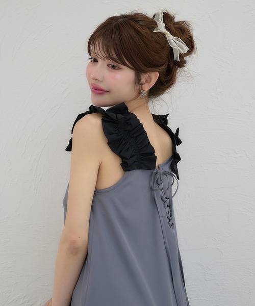 【GUMZZI】袖フリルフレアノースリーブワンピースto28767 セール】lace up frill flare dress / レースアップフリルフレア