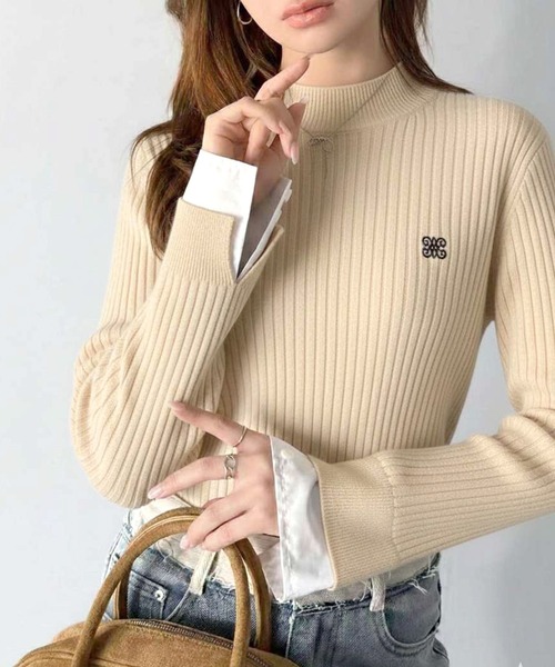 mily bilet(ミウィビレット)の「【mily bilet】1枚で完成♪重ね着風デザイン◎カシミヤタッチ袖カフスレイヤード刺繍ニット(ニット/セーター・レディース・レッド/アイボリー/ブラック/グレー・MEDIUM/LARGE/X-LARGE/SMALL)」の1枚目の写真