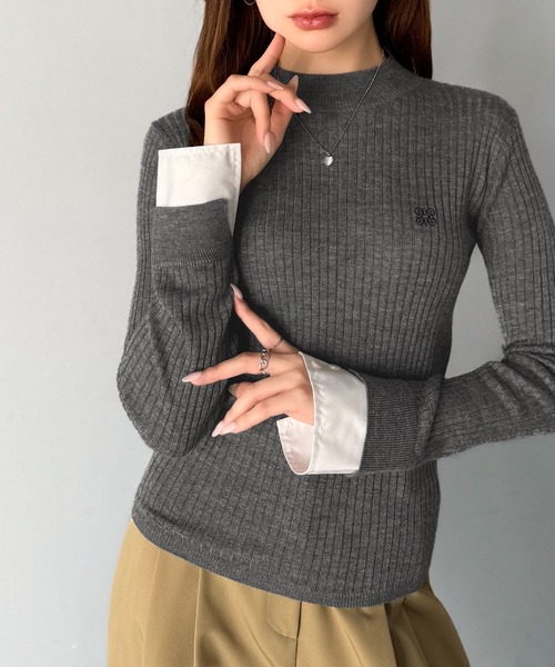 mily bilet(ミウィビレット)の「【mily bilet】1枚で完成♪重ね着風デザイン◎カシミヤタッチ袖カフスレイヤード刺繍ニット(ニット/セーター・レディース・レッド/アイボリー/ブラック/グレー・MEDIUM/LARGE/X-LARGE/SMALL)」の15枚目の写真