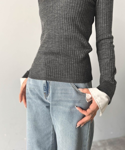 mily bilet(ミウィビレット)の「【mily bilet】1枚で完成♪重ね着風デザイン◎カシミヤタッチ袖カフスレイヤード刺繍ニット(ニット/セーター・レディース・レッド/アイボリー/ブラック/グレー・MEDIUM/LARGE/X-LARGE/SMALL)」の19枚目の写真
