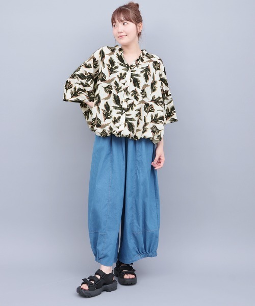 リーフプリントバンドカラーシャツ(大きいサイズ) リーフプリントバンドカラーシャツ【大きいサイズ】（シャツ
