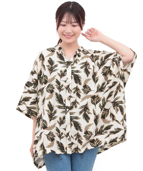 リーフプリントバンドカラーシャツ(大きいサイズ) リーフプリントバンドカラーシャツ【大きいサイズ】（シャツ