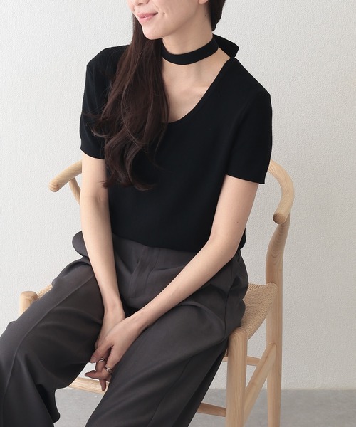 Lace Ladies(レースレディース)の「チョーカー付き ラウンドネック 半袖 ニット プルオーバー(ニット/セーター・レディース・ベージュ/ブラック/アイボリー/グレー・FREE)」の9枚目の写真