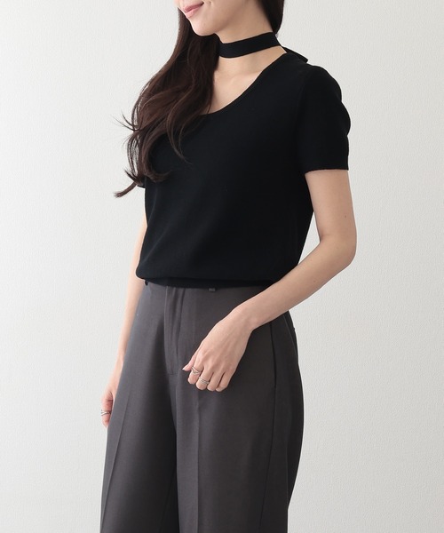Lace Ladies(レースレディース)の「チョーカー付き ラウンドネック 半袖 ニット プルオーバー(ニット/セーター・レディース・ベージュ/ブラック/アイボリー/グレー・FREE)」の11枚目の写真