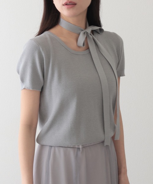 Lace Ladies(レースレディース)の「チョーカー付き ラウンドネック 半袖 ニット プルオーバー(ニット/セーター・レディース・ベージュ/ブラック/アイボリー/グレー・FREE)」の14枚目の写真