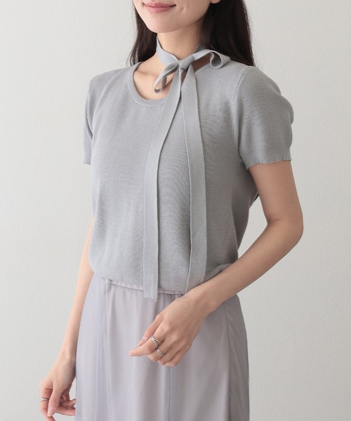 Lace Ladies(レースレディース)の「チョーカー付き ラウンドネック 半袖 ニット プルオーバー(ニット/セーター・レディース・ベージュ/ブラック/アイボリー/グレー・FREE)」の16枚目の写真