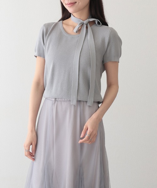 Lace Ladies(レースレディース)の「チョーカー付き ラウンドネック 半袖 ニット プルオーバー(ニット/セーター・レディース・ベージュ/ブラック/アイボリー/グレー・FREE)」の17枚目の写真