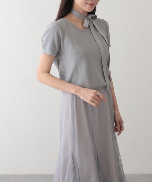 Lace Ladies(レースレディース)の「チョーカー付き ラウンドネック 半袖 ニット プルオーバー(ニット/セーター・レディース・ベージュ/ブラック/アイボリー/グレー・FREE)」の18枚目の写真