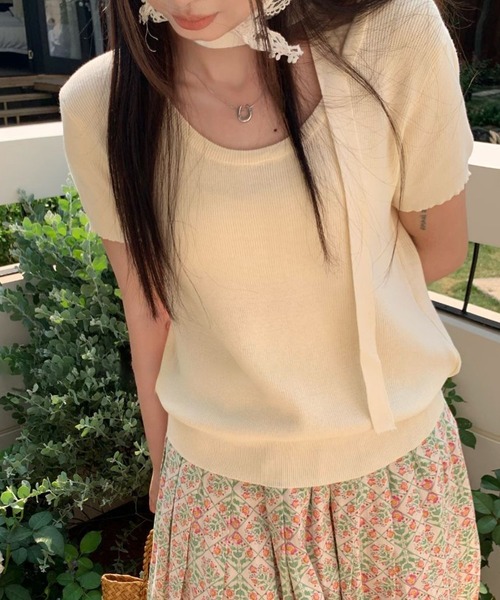 Lace Ladies(レースレディース)の「チョーカー付き ラウンドネック 半袖 ニット プルオーバー(ニット/セーター・レディース・ベージュ/ブラック/アイボリー/グレー・FREE)」の5枚目の写真