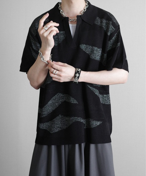 KUUUPY（クーピー）の「Nuance Lame Skipper Knit Polo - ニュアンス ラメ スキッパーニットポロ（ポロシャツ・メンズ・ブルー/ブラック・SMALL/MEDIUM/LARGE）」の4枚目の写真