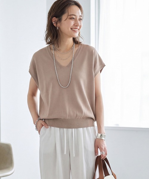 STYLE DELI(スタイルデリ)の「サラッと涼しい薄手なVネックニットトップス(ニット/セーター・レディース・ベージュ/ピンク/ブラック・FREE)」の9枚目の写真