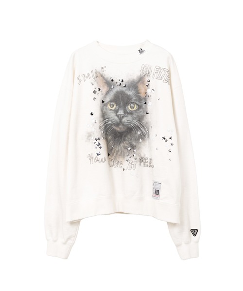 Cat Printed Embellished Distressed Sweatshirt（スウェット