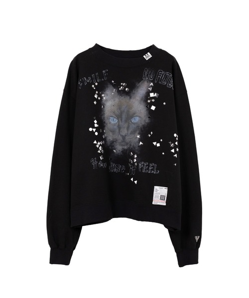 Cat Printed Embellished Distressed Sweatshirt（スウェット