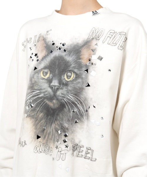 Cat Printed Embellished Distressed Sweatshirt（スウェット