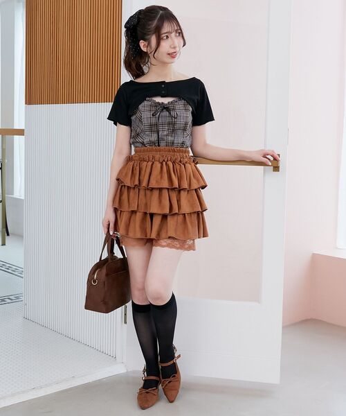 MAJESTIC LEGON（マジェスティックレゴン）の「ウエストリブ裾レースフリルミニスカート（スカート・レディース・ホワイト系その他/ブラウン系その他5/ブラウン/ブラック・MEDIUM）」の8枚目の写真